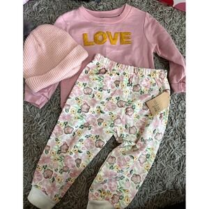 Chick Pea Pink Love Sweatshirt Floral Pants Toddler Girls 24M Outfit Set